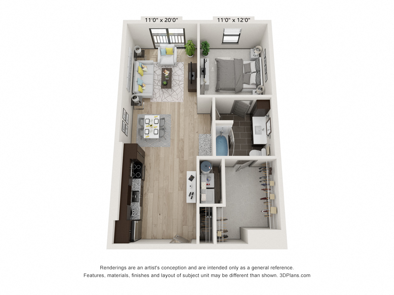 Floor plan for 1 bed, 1 bath, 779 sqft